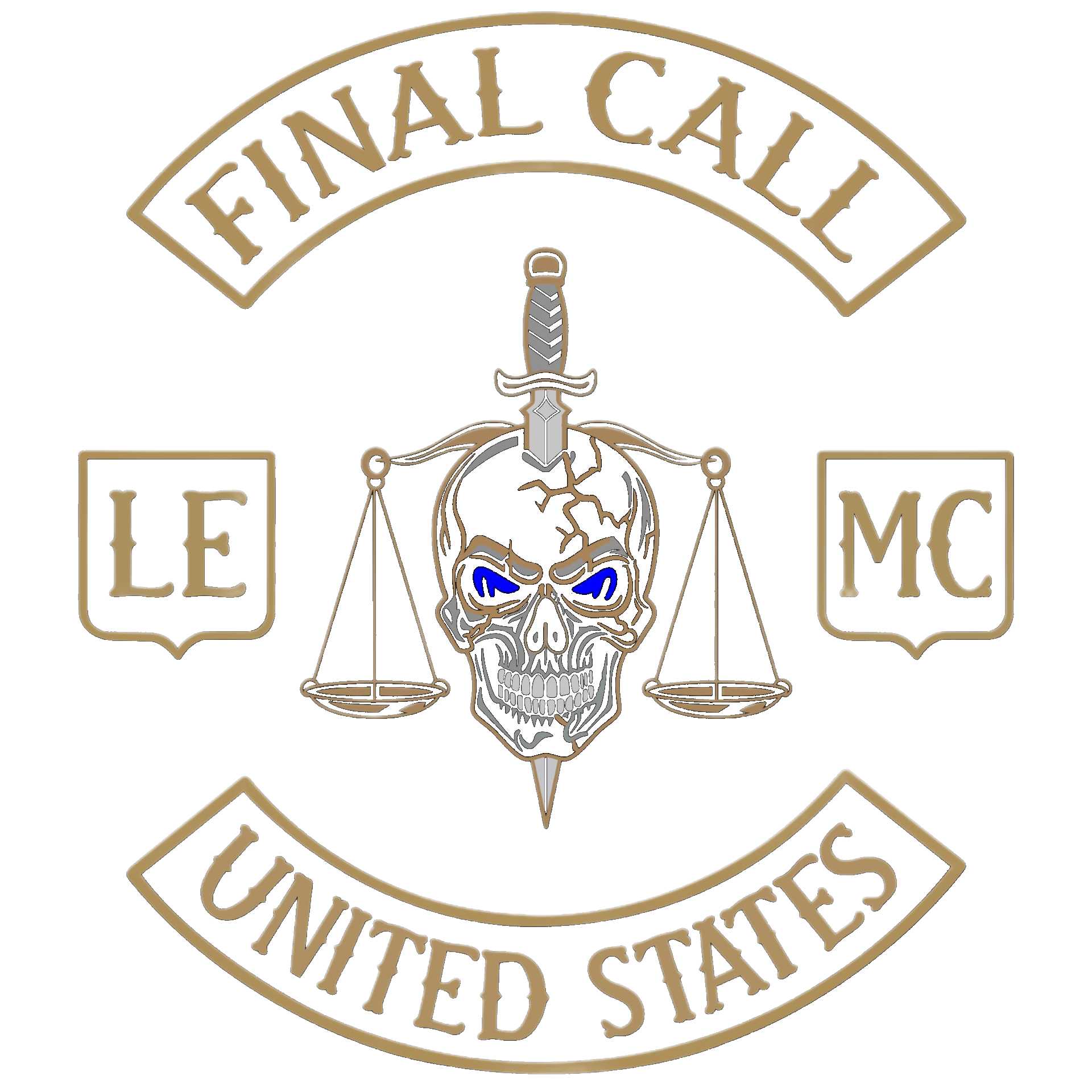 Final Call Law Enforcement Motorcycle Club patch — skull with dagger between scales of justice, top rocker FINAL CALL, bottom rocker UNITED STATES